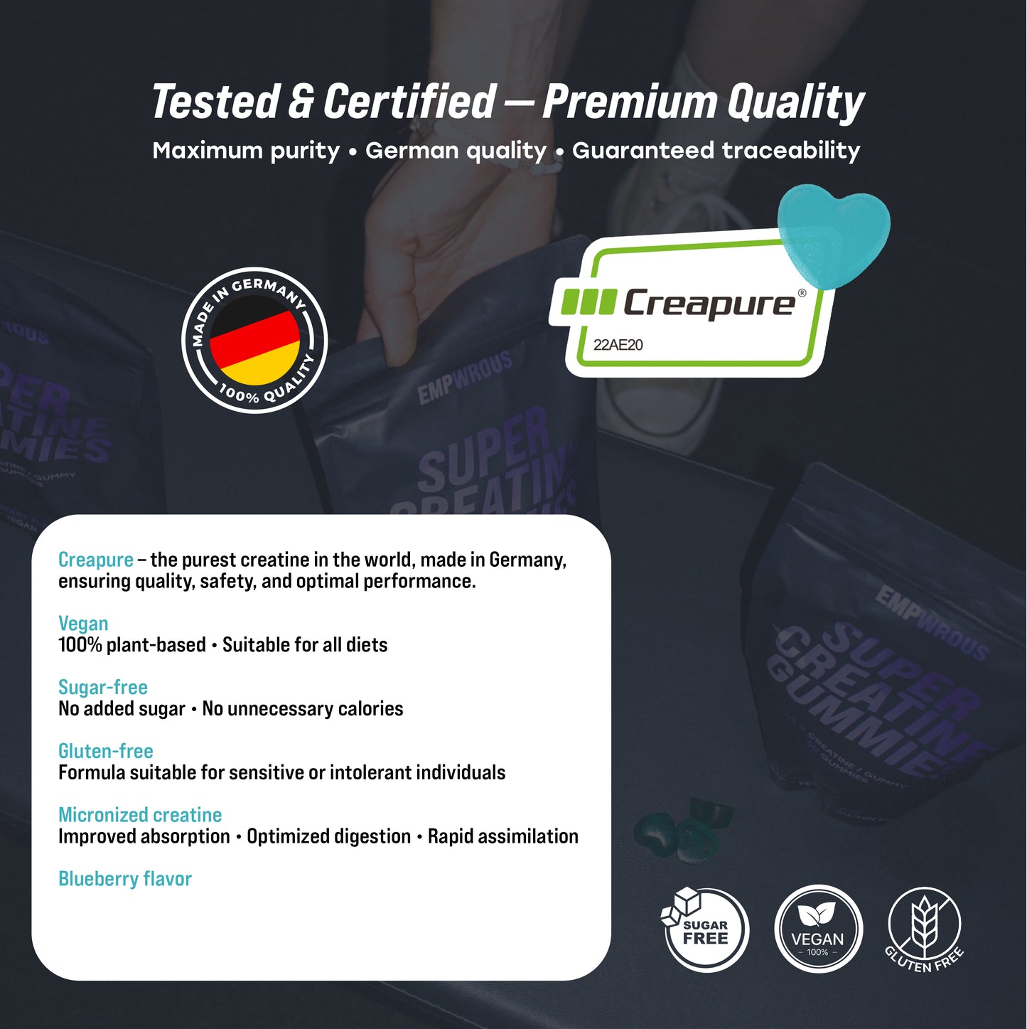 Qualité premium Super Créatine Gummies – créatine Creapure, vegan, sans sucre, sans gluten, pureté garantie.